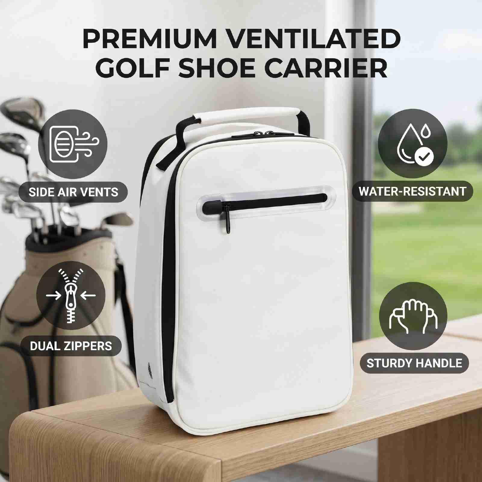 Golf-Schuhtasche mit Reißverschluss, Wasserdichter Träger für Outdoor-Sportreisen, Weißes PU-Leder, 1 Einheit