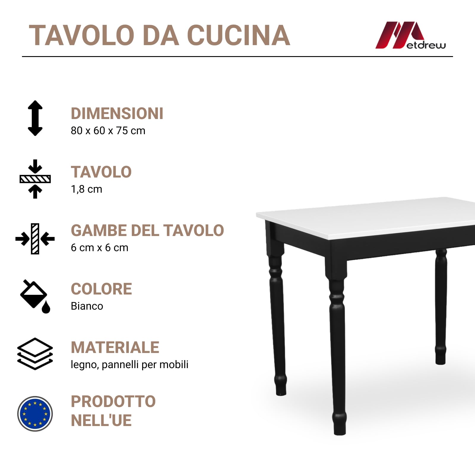 Tavolo da Pranzo in Legno 80x60 cm per 2 Persone - Tavolo Cucina Piccolo Stile Scandinavo - Pino - Piano Bianco