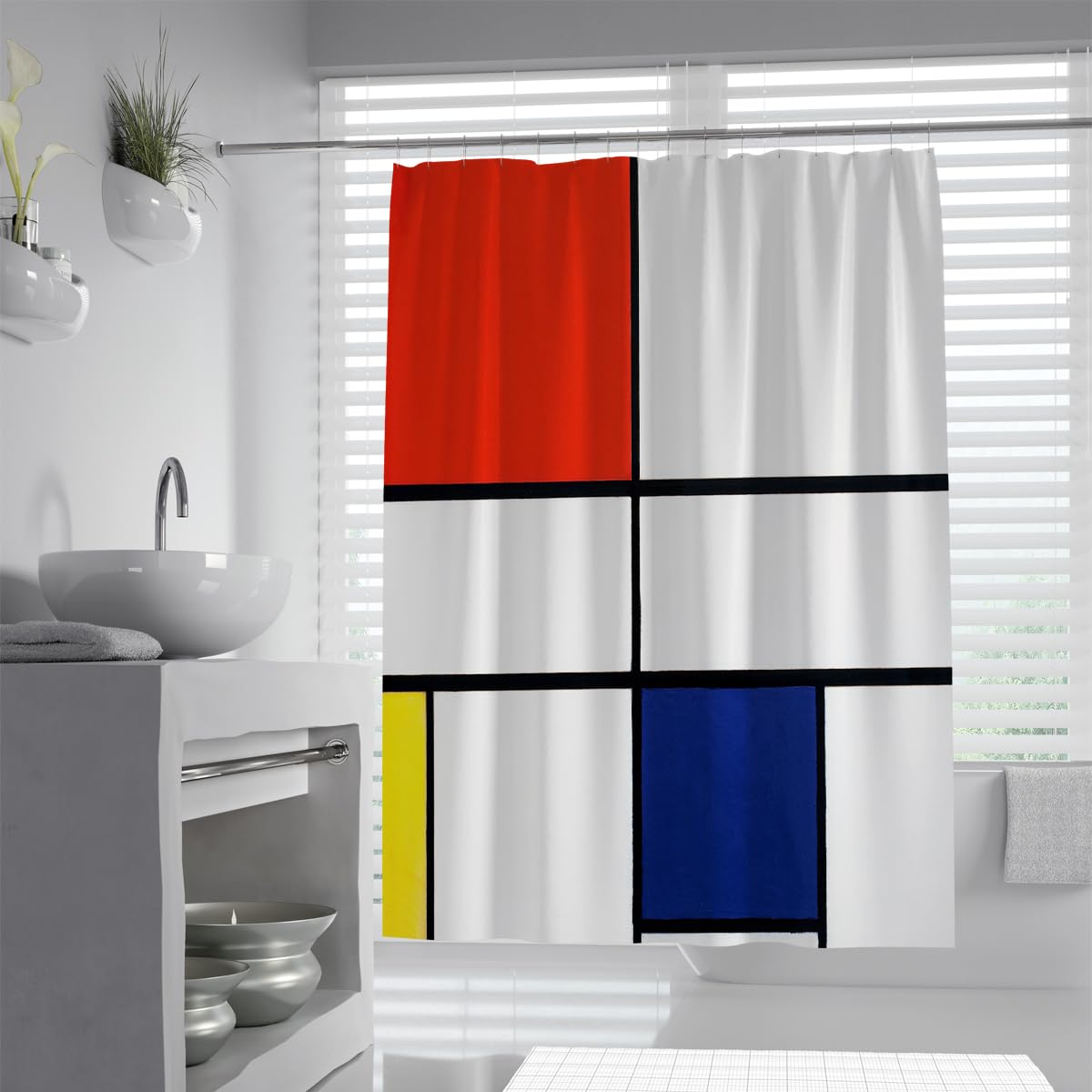 OLLIAR Home Minimalist Geometry Shower Curtain Set Abstract Heavy Lines Bright Red Blue Yellow Squares Washable Polyester Bath Curtain with Hooks 200x220cm
