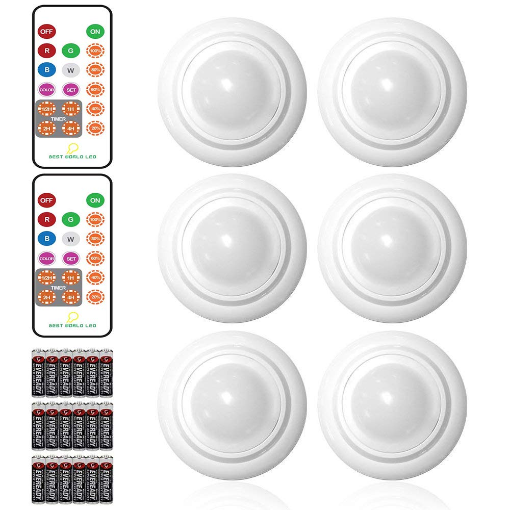 Wireless LED Puck Light, Multi Color Light with 2 Remote Control, Kitchen Under Cabinet Light Operates On AA Batteries, Touch Light for Closet, Stair, Bedroom, Lockers - 6 Pack, (18 PCS Batteries)