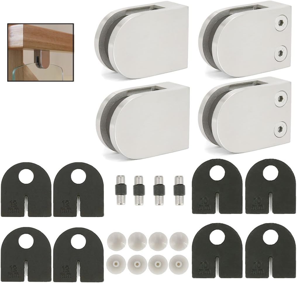 Stainless Steel 316 [Marine Grade] Round Heavy Duty Glass Clamp for Flat Square Surface Railing Post in Glass Balustrade, for 3/8 or 1/2 Glass Thickness, 4-Pack (GC-064S)