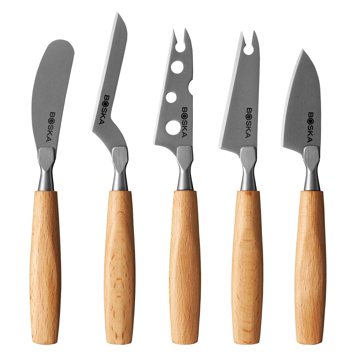 Boska Cheese Knife Set Amigo Small/Set of 5 Small Knives/Cheese Knives for Any Cheese/Ergonomic Handle/Stainless Steel/Beech Wood/Non-Stick by BSF Treatment