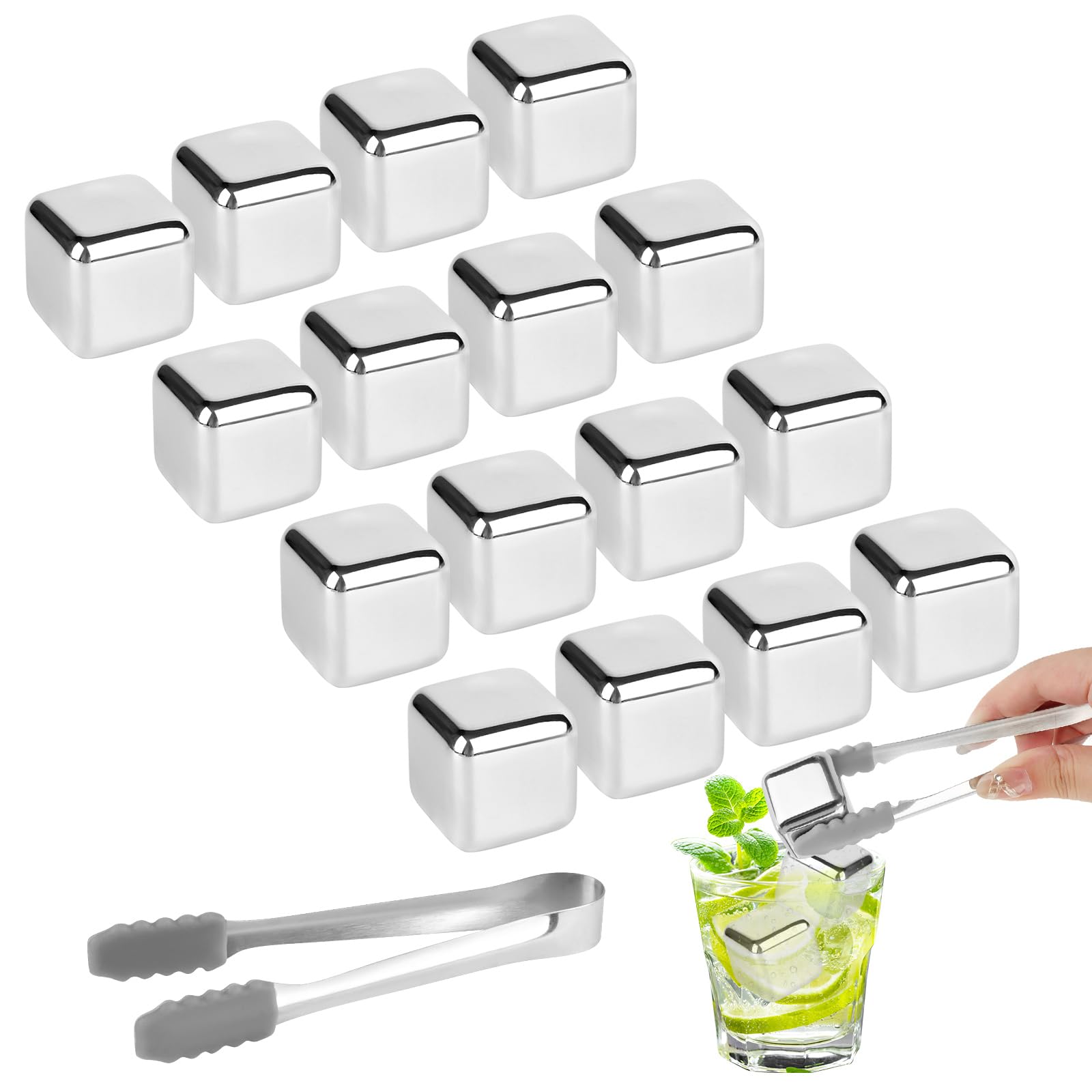 VFANDV Ice Cubes, Stainless Steel, 18 Pieces, 304 Stainless Steel Ice Cubes, Reusable Whisky Stones + Clips, Frozen Ice Cubes for Wine, Vodka, Liquor, Drink Juice or Lemonade