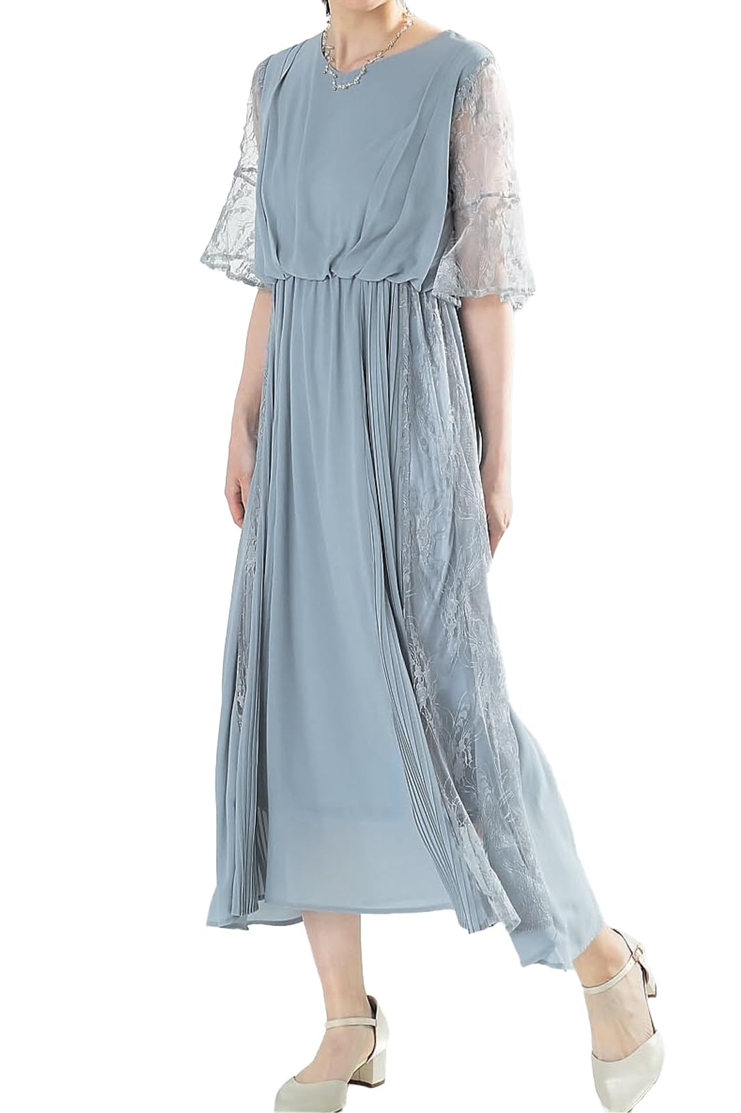 Aunii One-Piece Ladies Midi-Length Long Chiffon Dress Light Gray