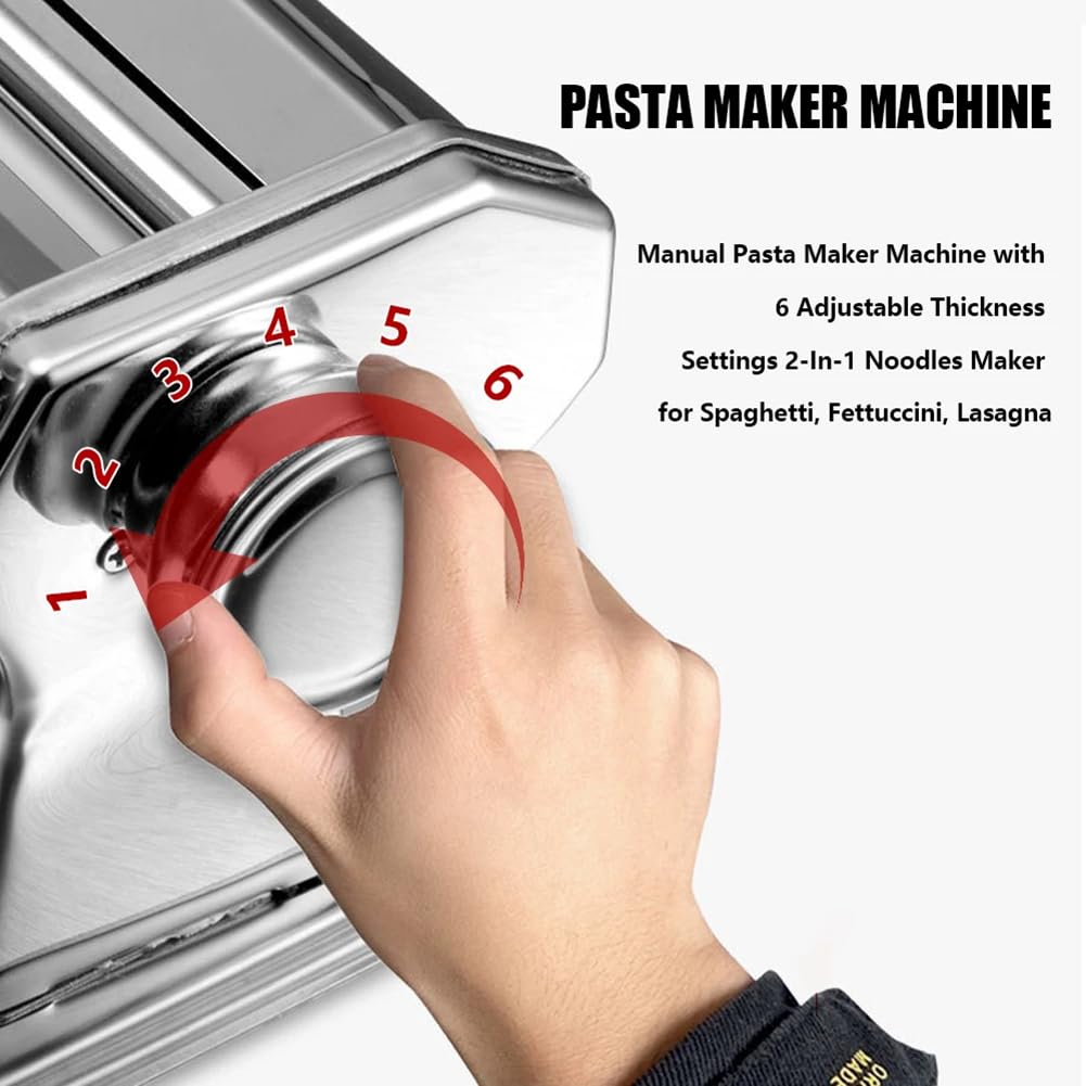 Máquina para hacer pasta, manivela manual de acero inoxidable automática con 6 ajustes de grosor ajustables, máquina de fideos 2 en 1, máquina perfecta para fideos frescos para la familia