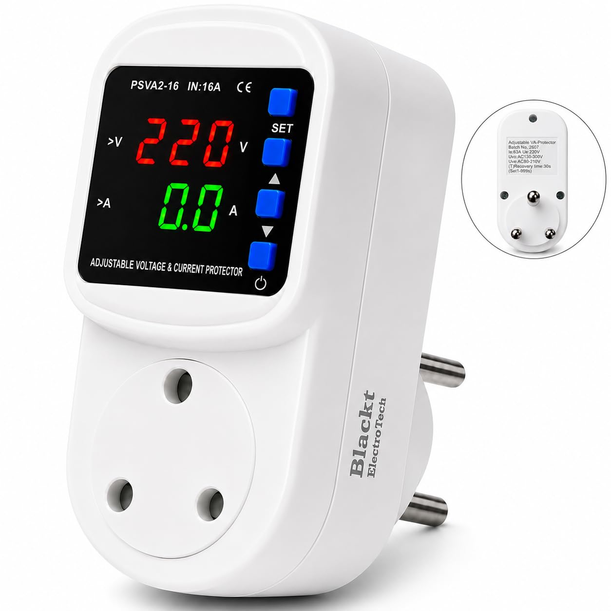 BlackT ElectroTech BTSVP04 16A 3 PIN Adjustable Voltage Protector Socket, Over/Under Voltage & Overcurrent Cut-Off, Digital V/A Display with Auto Recovery, White - Image 1