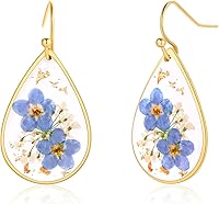Handmade Forget-Me-Not & Queen Anne's Lace Pressed Wildflower Drop Earrings | Unique Alaska Flower Jewelry Gift for Women