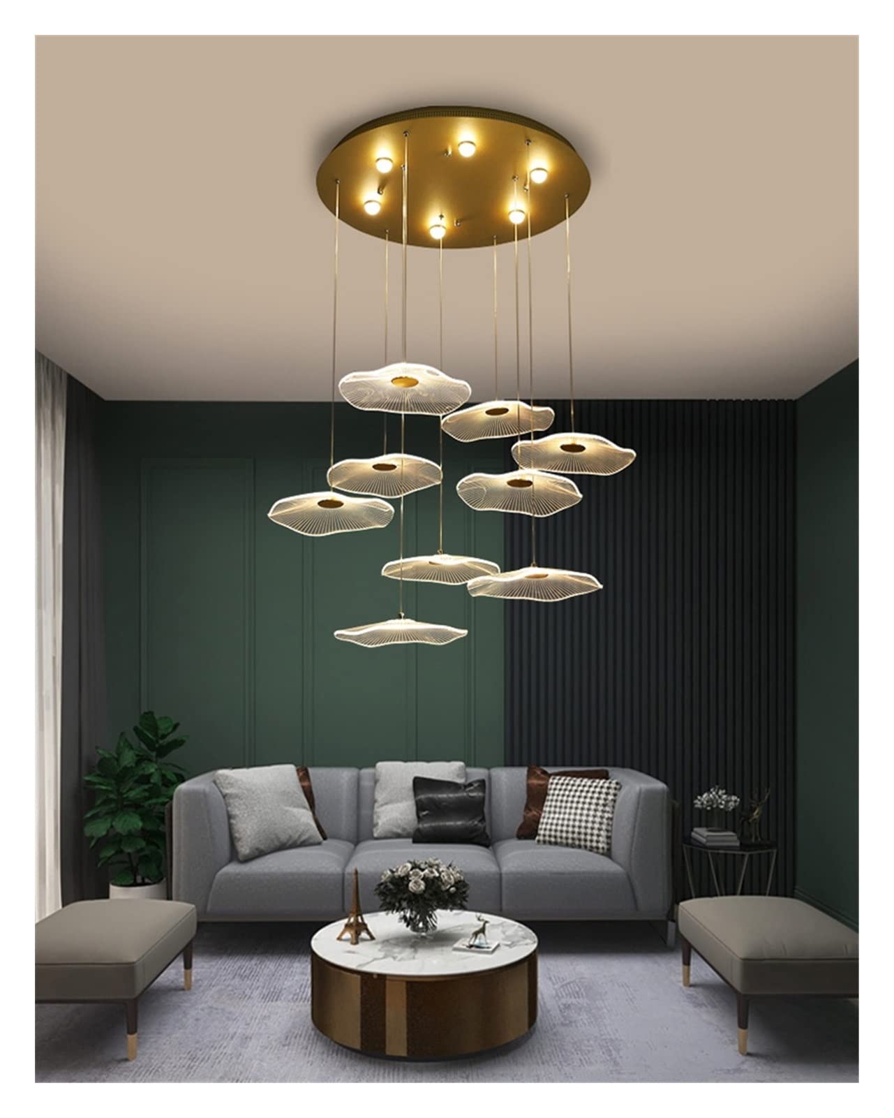 Lampada a Sospensione, lampadari a LED, lampadario Moderno di Lusso con Paralume in Acrilico a Forma di Foglia di Loto per Scale, Soggiorno e Ristorante.