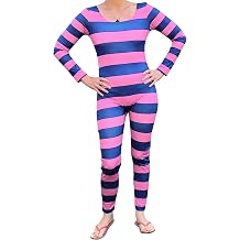 Felcia Women Cheshire Cat Cosplay Costume Long Sleeve Stripe Print Jumpsuit Halloween Christmas Dress Up Romper Outfits