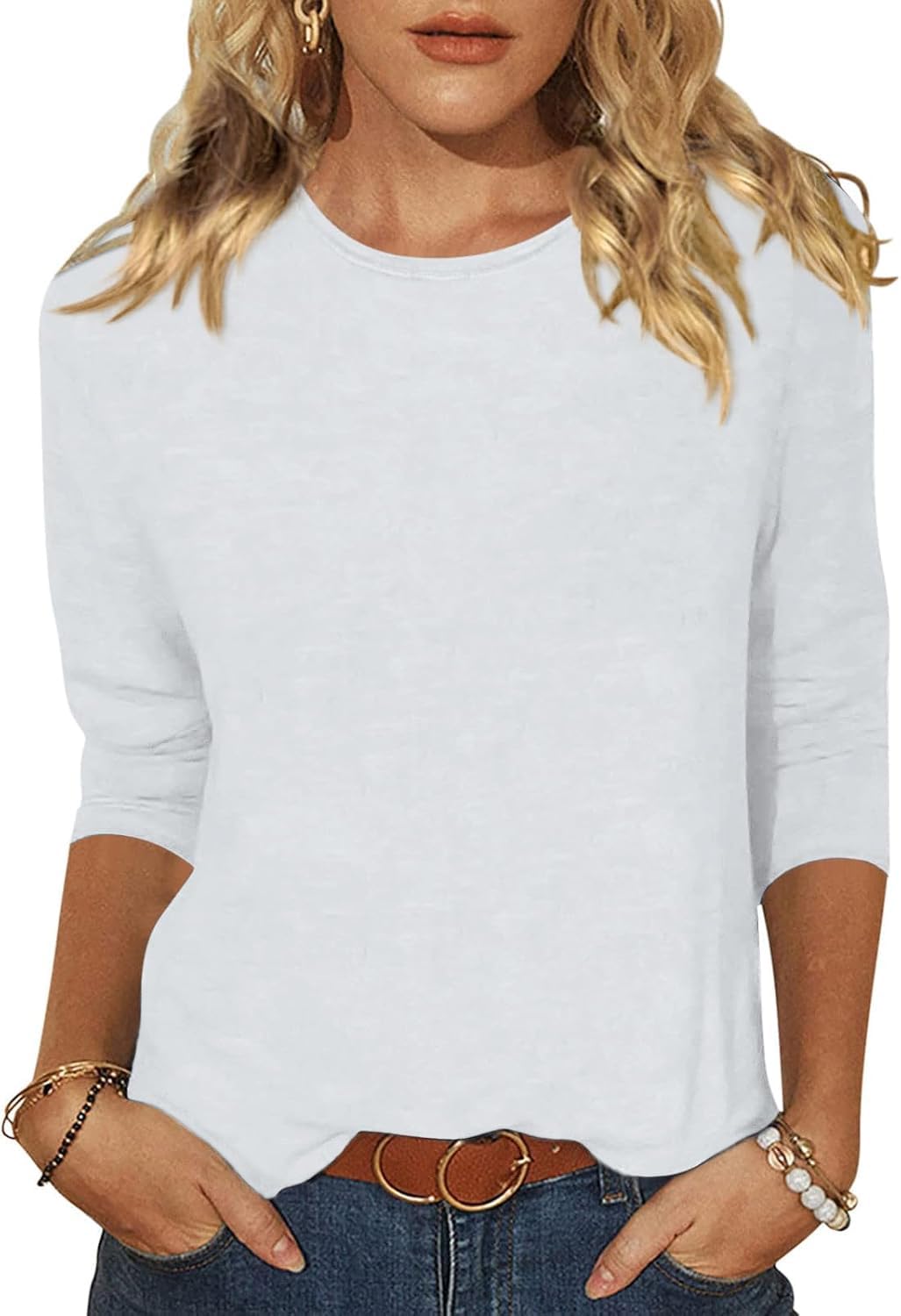 YUTILA Damen T-Shirt 3/4 Ärmel Rundhals Baumwolle Basic Casual Frühling Sommer Oberteile Einfarbig Leichte Weich Atmungsaktiv Bequem Shirt