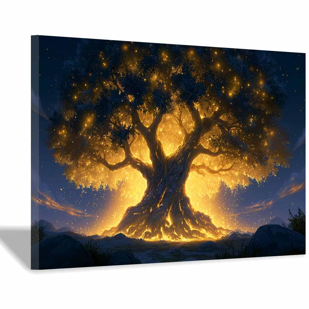 HOQIU Print Canvas Poster Decor Golden Glowing Tree canvas prints, nature wall art, for Bathroom Home Office Decor(Multicolor)-70x100cm Framed