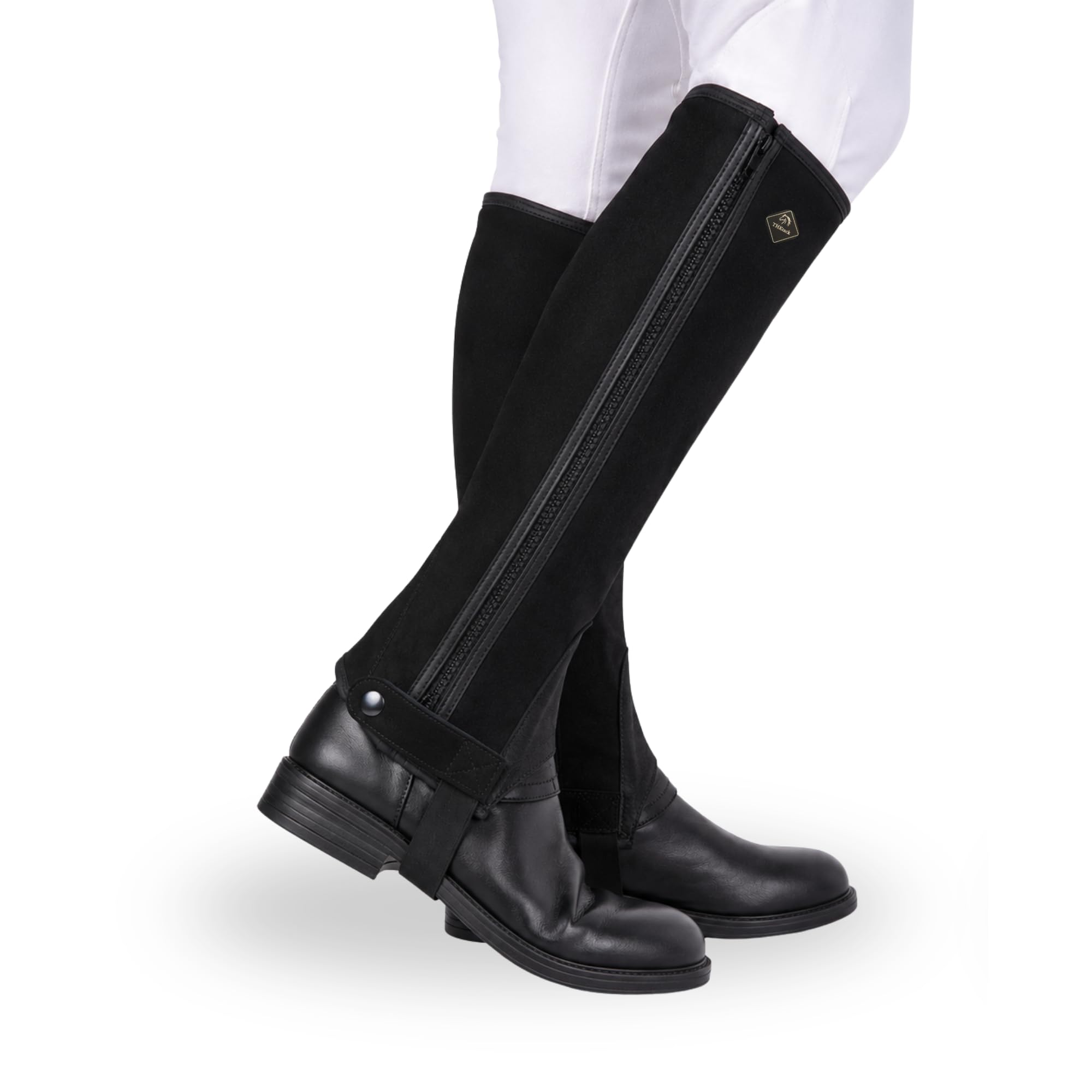 THKtack Suede Leather Half Chaps for Horse Riding | Elasticated Stretch Panel, Heavy-Duty Zip Closure | Equestrian Riding Gaiters Calf Fit | Riding Protection Chaps Black & brown (Black, L)