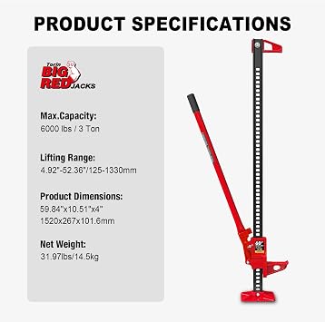 Big RED 60 Ratcheting Off Road Utility Farm Jack,Heavy-Duty Farm Jack for Tractor, Truck, SUV, 3 Ton (6,000 lb) Capacity, Red