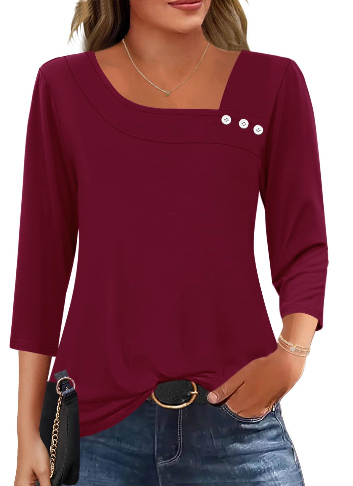 LOMON Womens 3/4 Length Sleeve T Shirts Asymmetrical Neck Tops Business Blouses for Women Fashion 2026