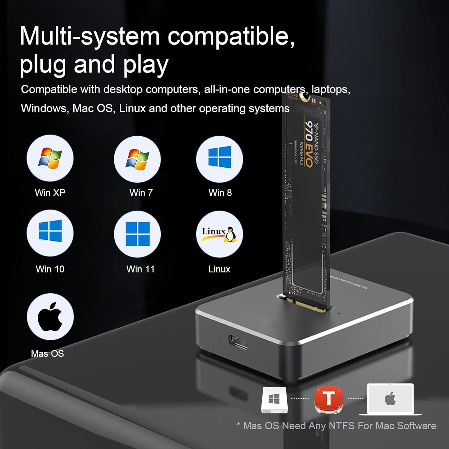 Boîtier M.2 SSD NVME et SATA, 10Gbps Adaptateur SSD M2 NVMEe vers USB pour M et B+M Clé, Boîtier de Disque Dur Externe en Aluminium pour 2230/42/60/80, Dock M.2 Nvme Enclosures