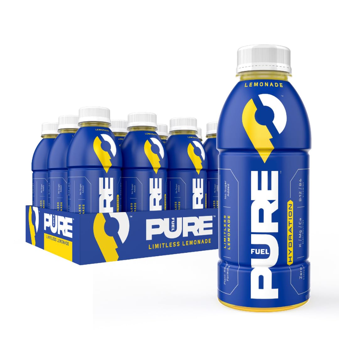 Pure Fuel Hydration Drinks Limitless Lemonade - Plant-Based Healthy Electrolyte Drinks with B-Vitamins - No Added Sugar - 12 Pack x 16.9 fl oz Bottles