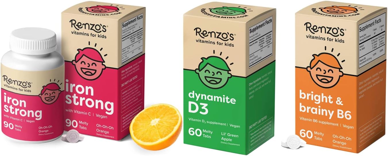 Renzo's Vitamins Mighty Kid Bundle - Iron Supplements for Kids, Vitamin D3 for Kids, and Bright & Brainy Vitamin B6 : Health & Household