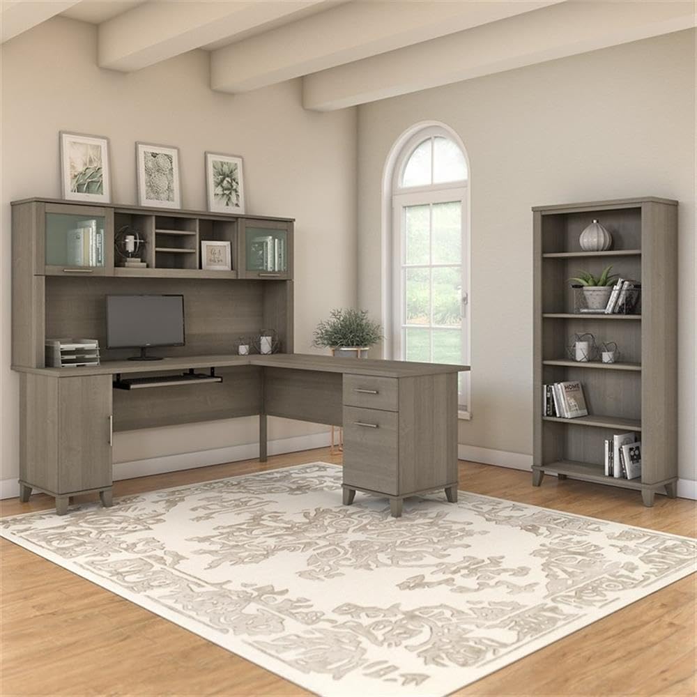 Scranton & Co Somerset 72W L Shaped Desk with Hutch & 5 Shelf Bookcase, Frosted Glass Doors, Adjustable and Fixed Shelves, Wire Management, Transitional Style Home Office Furniture Set