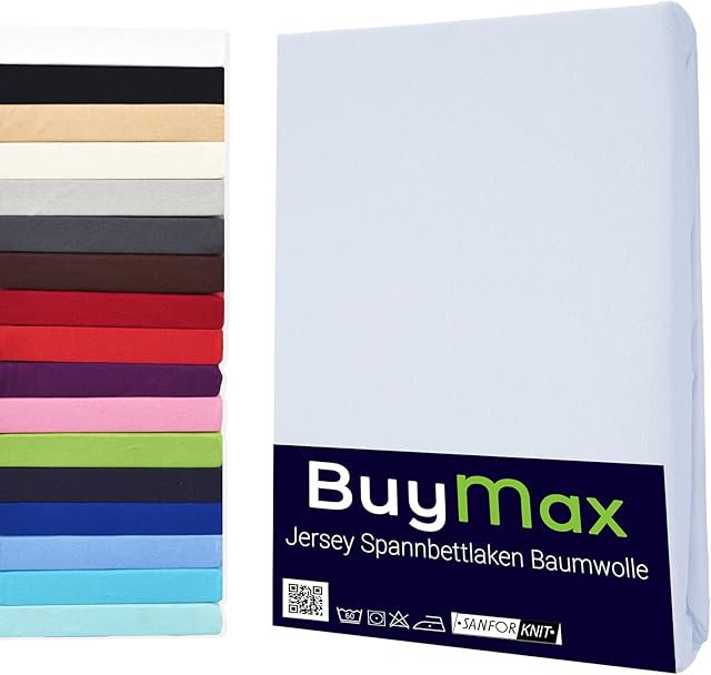 Buymax Prześcieradło z gumką 120 x 200 cm, bawełna, 100% prześcieradło z gumką, dżersej, wysokość materaca do 25 cm, kolor biały