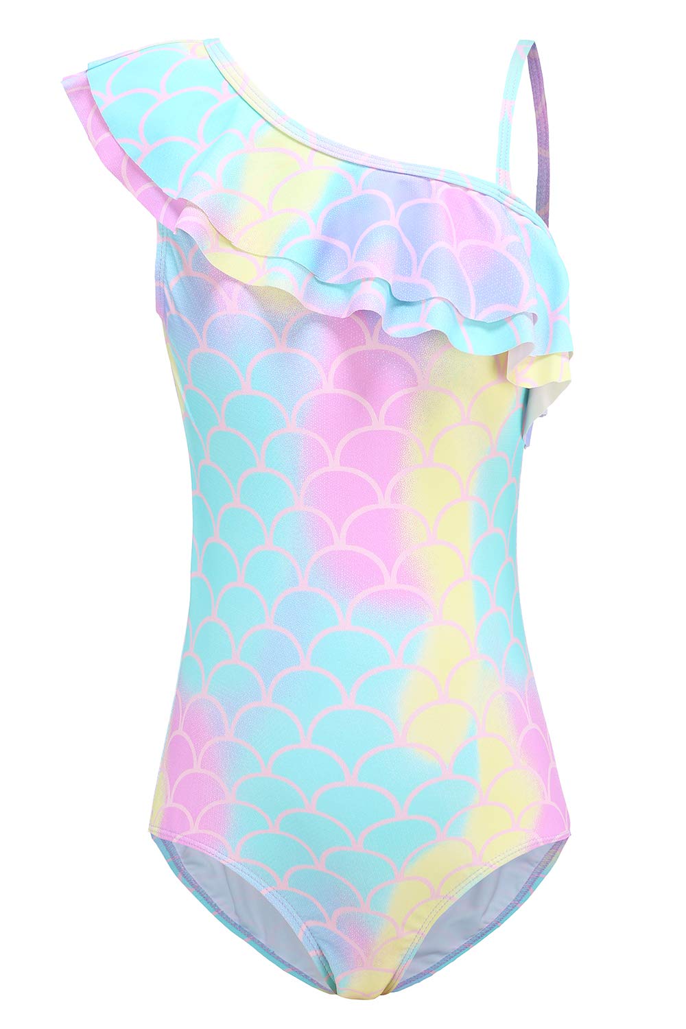 Moon Tree Girls Rainbow/One Shoulder 33 Big Swimming Costume Mermaid One Piece Swimsuits One Shoulder Ruffle Swimwear Age 11-12 Years