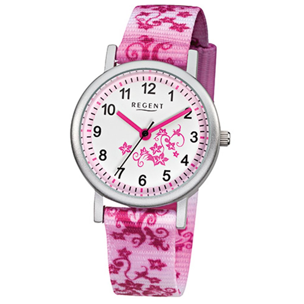 REGENT Kinder-Armbanduhr rosa pink weiß Analog F-727 Textil-Armband URF727 Analoguhr