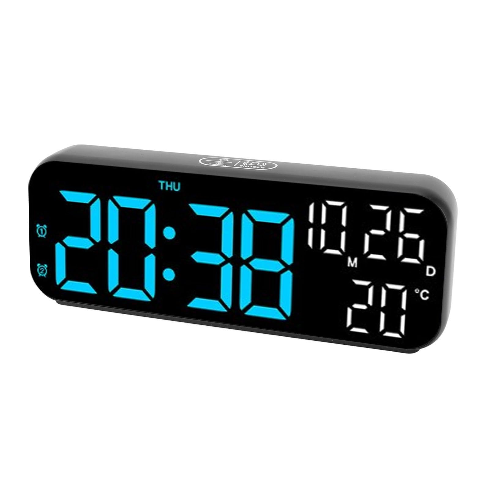 Walfront Digital Clock, Dual Display Digital Clock, LED Digital Clock Voice Control 3 Adjustable Brightness Temperature Date Countdown LED Alarm Clock for Home Office (Black Blue Lamp)