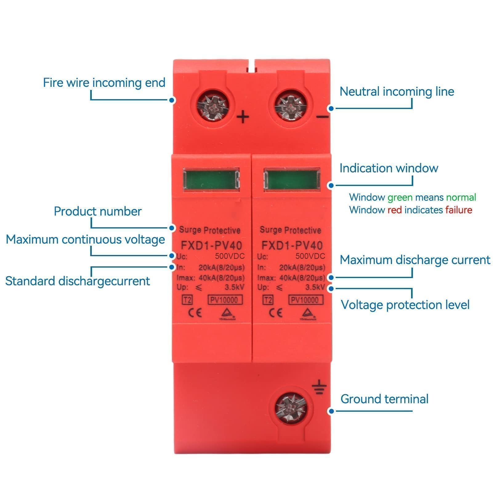 Agatige FXD1-PV40 Scaricatore Fotovoltaico 2P 40kA DC 500V Protezione Sovratensioni Ignifugo