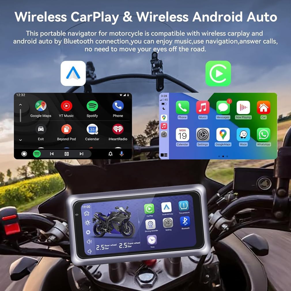 Motorcycle Dash Cam Carplay Screen with GPS Navigation CarPlay/Android Auto,Real-time tire Pressure,5G Dual Bluetooth,IPX7 Waterproof,FM, Driving Recorder, black