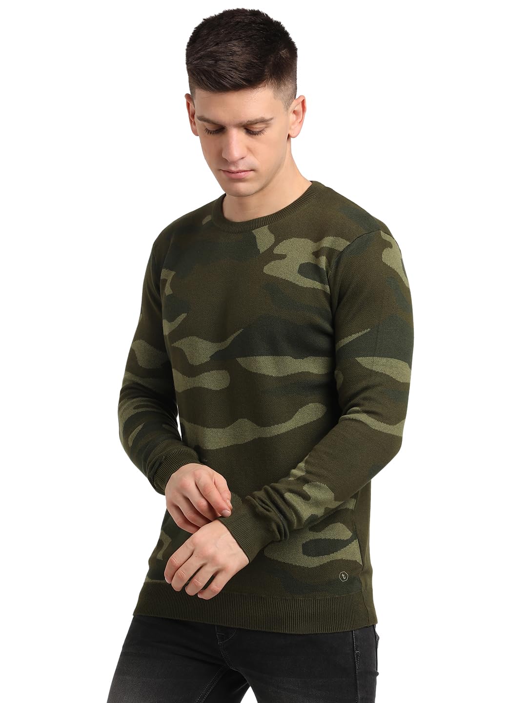 Men Military Green Knitted Printed Round Neck Pullover||Men's Green Sweater-image-19