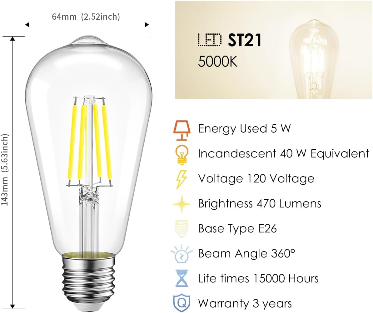 LVWIT ST21 LED Edison Light Bulbs 5W(40W Equivalent) Dimmable 5000K Warm White Vintage Edison Light Bulb E26 Medium Base, Antique Glass Style for Home, Bedroom, Office, Farmhouse(6-Pack)
