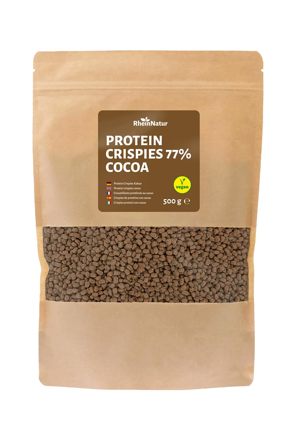 RheinNatur Soja Protein Crispies Kakao 77% Eiweiß 500g - vegane Eiweißquelle ohne Zuckerzusatz - knuspriges Topping für Müsli, Joghurt, Salate & für selbstgemachte Proteinriegel