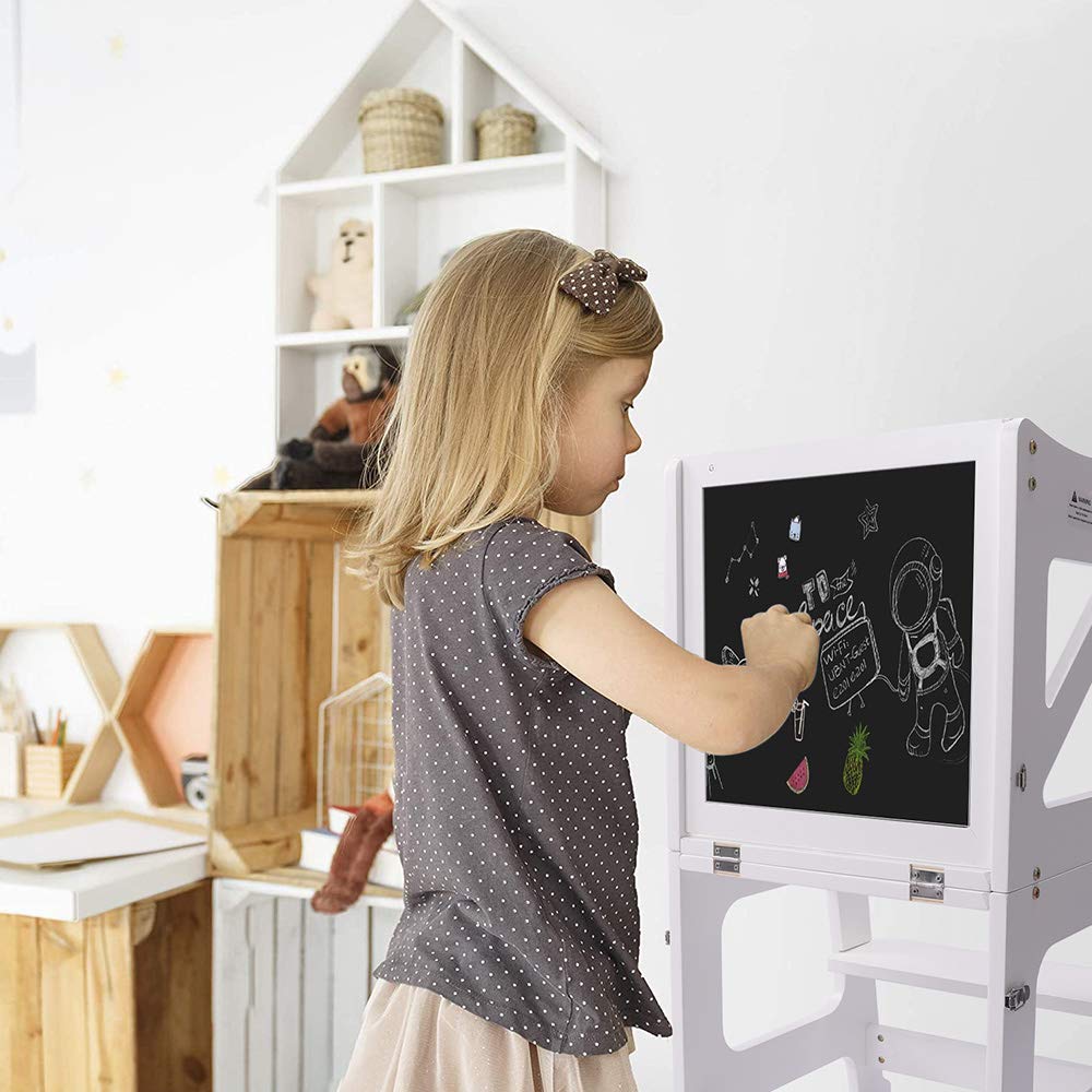 YOLEO Torre Montessoriana Bambini 3 in 1 Pieghevole Multifunzionale Learning Tower con Lavagna Magnetica Bifacciale Bianco