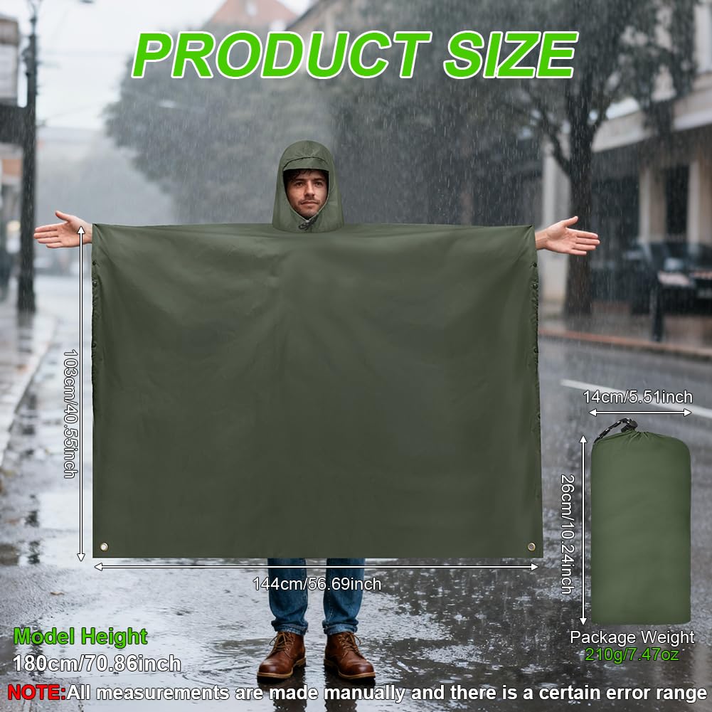 Vicloon Poncho de Lluvia Impermeable, Chubasquero con Capucha para Mujer Hombres, 3 en 1 Multifuncional Chubasquero Transpirable Ultrafino, Toldo Manta, Estera de Camping, Talla grande con Bolsa A