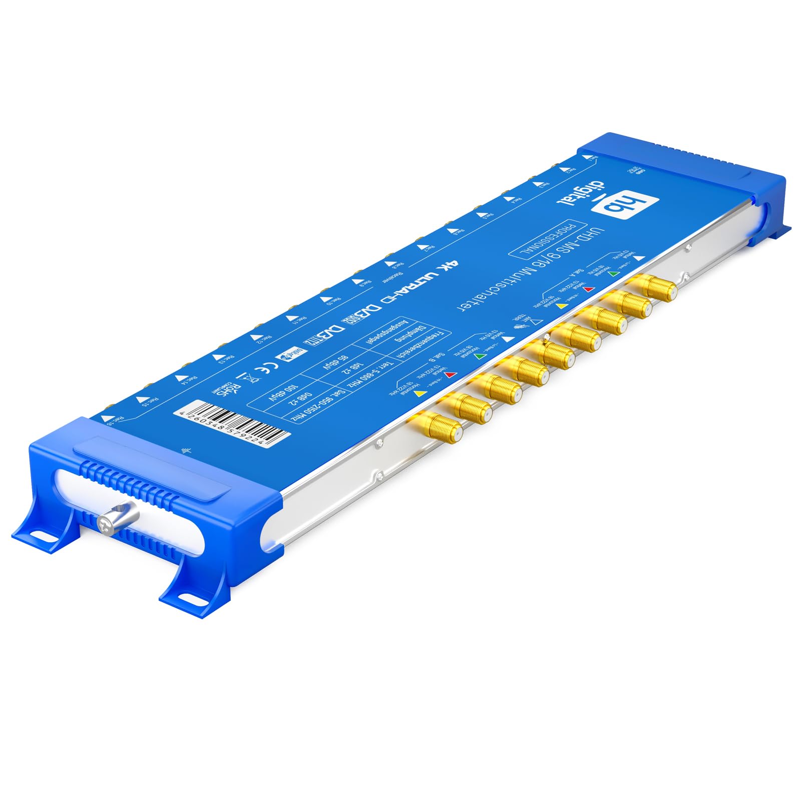 Quattro LNB di alta qualità + commutatore pmse 9/16 HB-DIGITAL 2 X SAT fino a 16 X partecipanti/ricevitore per Full HDTV 3D 4K UHD con alimentatore di rete + 40 connettori F dorati inclusi
