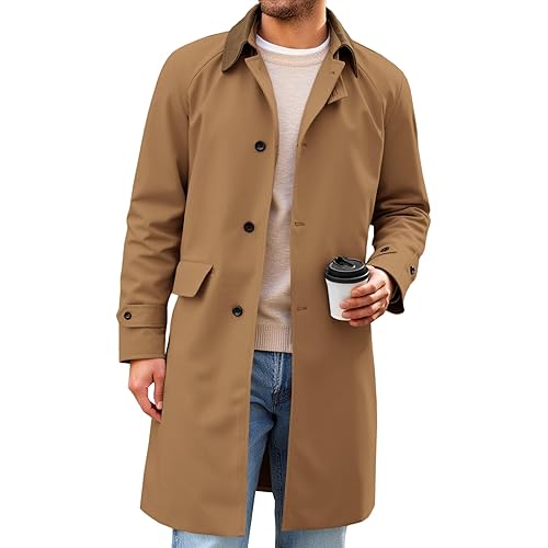 Runcati Mens Trench Coat Single Breasted Corduroy Lapel Long Jacket Fall Casual Vintage Windbreaker Overcoat