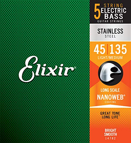 Cordes Elixir® en Stainless Steel avec revêtement NANOWEB® pour basse 5 cordes, Long Scale, Light/Medium (.045-.135) - Les Beatles, Paul McCartney, John Lennon, RIngo Starr, George Harrison Cordes Elixir® en Stainless Steel avec revêtement NANOWEB® pour basse 5 cordes, Long Scale, Light/Medium (.045-.135)