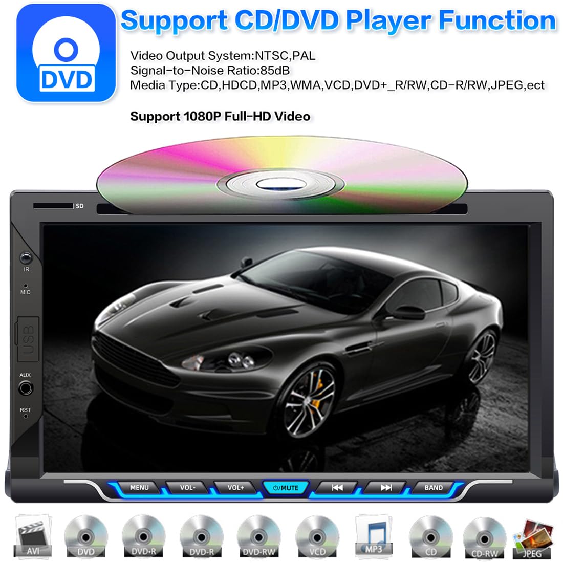 Autoradio Double Din de 7" pour CarPlay sans fil & Android Auto, récepteur lecteur CD/DVD pour voiture avec écran tactile, Bluetooth, caméra de recul, RDS/AM/FM,Mirror Link,Subwoofer,USB/AUX/SWC/DSP
