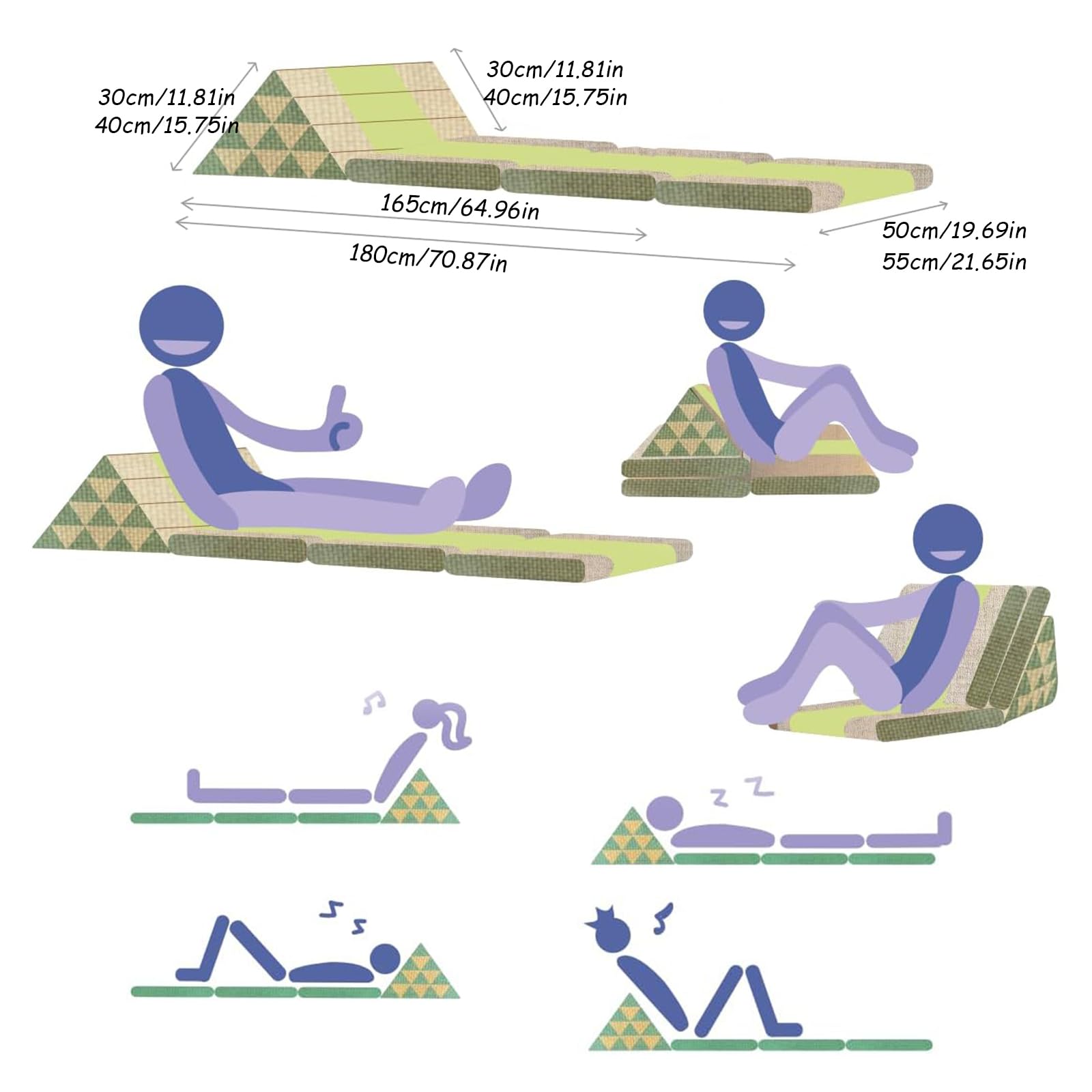 Colchón tailandés de suelo – Asiento de meditación plegable con cojín triangular, cama de invitados rellena de kapok, futón multiusos para mayor comodidad y relajación