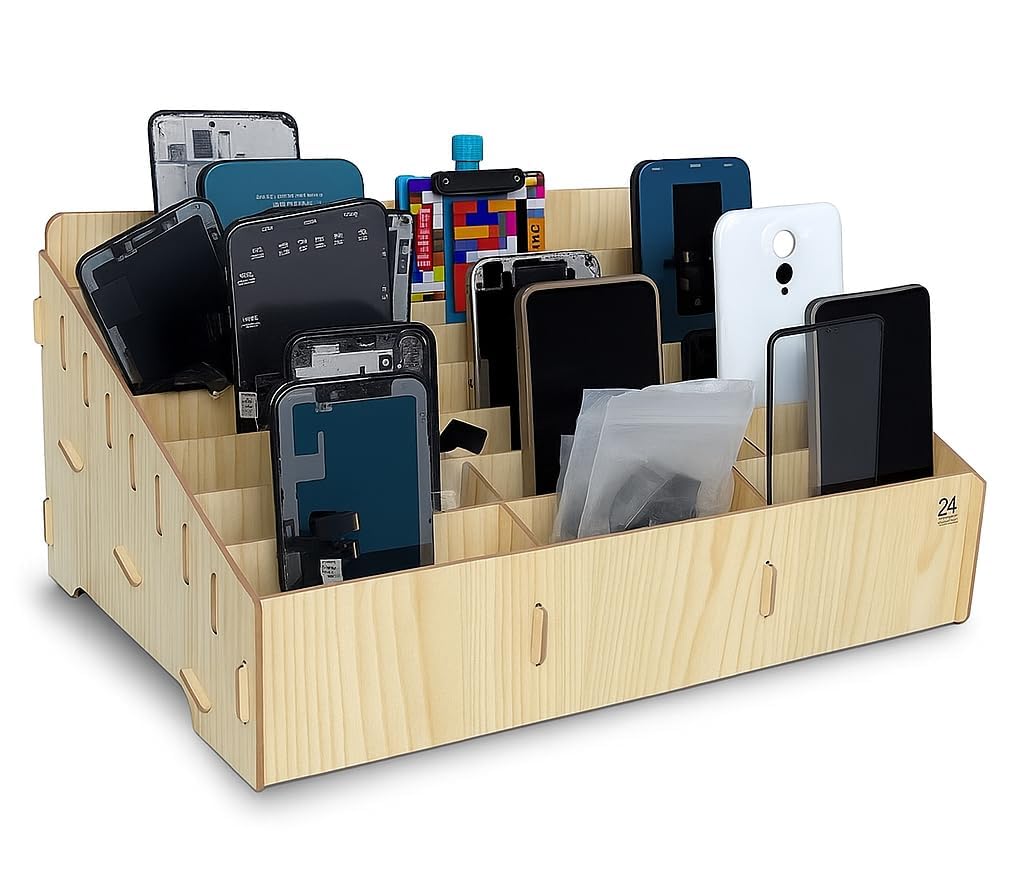 Ellozia New 24 Slot Grid Wooden Storage Box Mobile Cell Phone Repair Management Organizer Rack Display Creative Shop Office Meeting Finishing | Multicolour