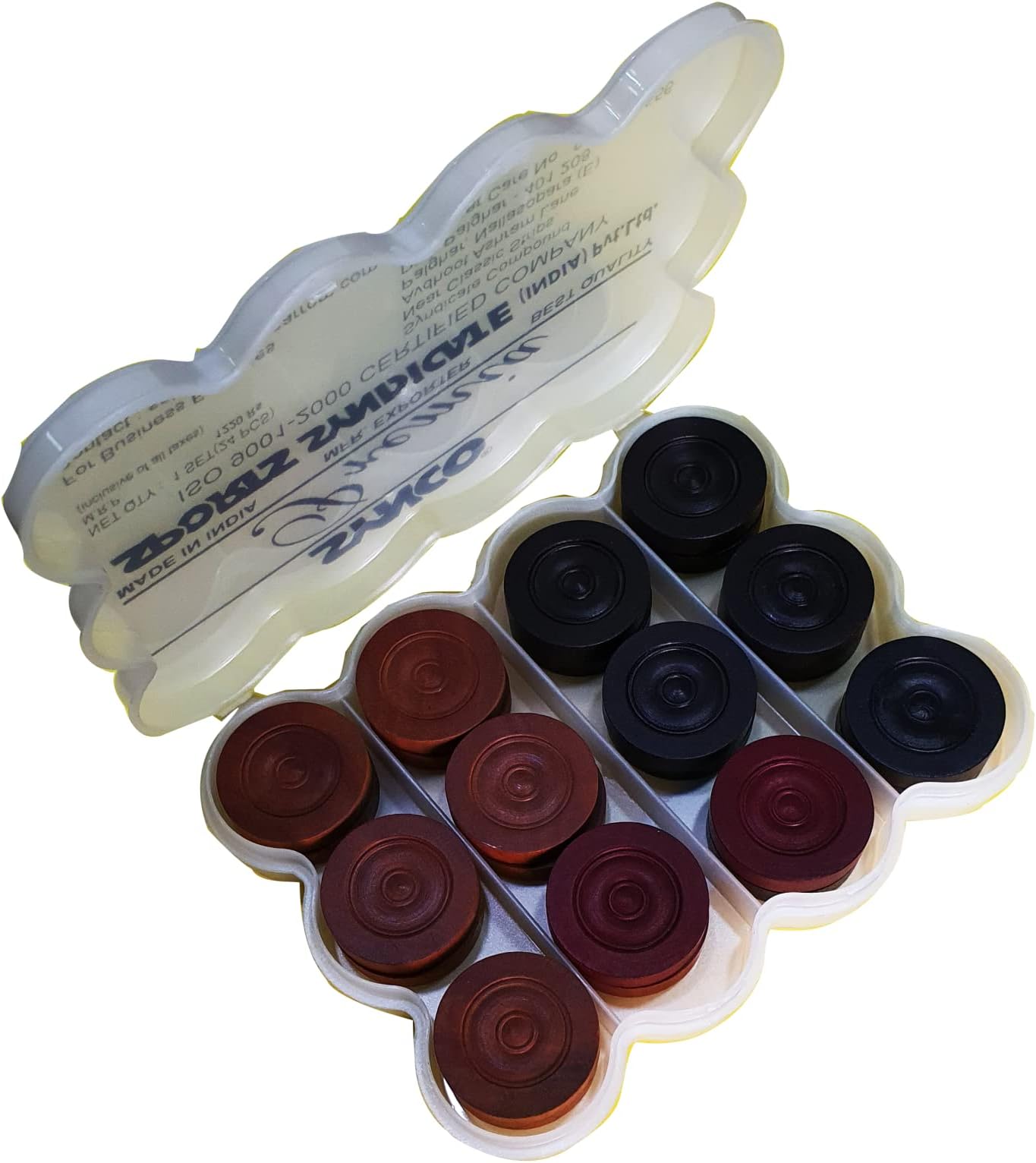 Synco Premia Wooden Carrom Coins 24 (11 Brown + 11 Black + 2 Red) in Premium Box (PVCbox)