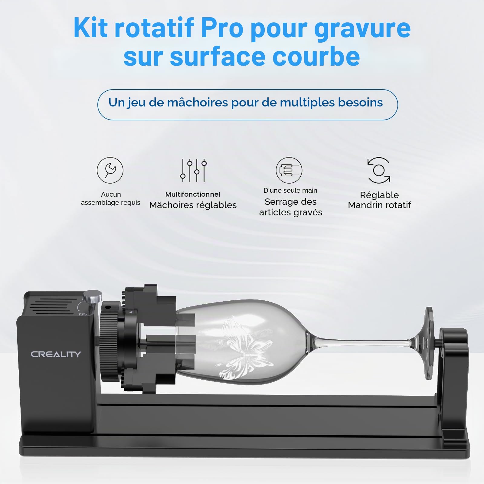 Creality Galet rotatif laser, mandrin rotatif sur axe Y pour graveur Falcon, kit rotatif Pro avec mâchoire 3 en 1 et module adapté pour la gravure d'objets cylindriques, verres à vin, gobelets, bagues