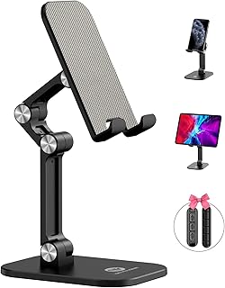 OCYCLONE Cell Phone Stand + 2 PCS Cable Organizer, Angle Height Adjustable iPhone Stand for Desk, Foldable Cell Phone Holder Tablet Stand Compatible with 4"-12.9" Phone Tablet