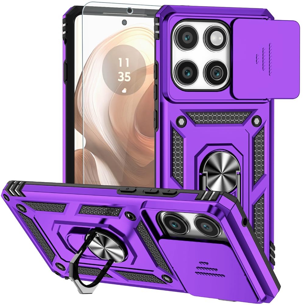 for Motorola Moto Edge 5G 2025 Case with HD Screen Protector, Military-Grade Ring Holder Kickstand Slide Camera Lens Cover Shockproof Phone Case for