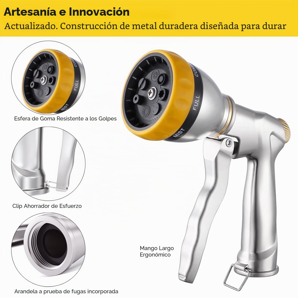 FANHAO Pistola de Riego 100% Metálica, Pistola de Agua para Jardín, 7 Modos Ajustables Pistola de Agua de Jardín de Alta Presión, Para Regar Plantas, Lavar Coches, Duchas Para Mascotas