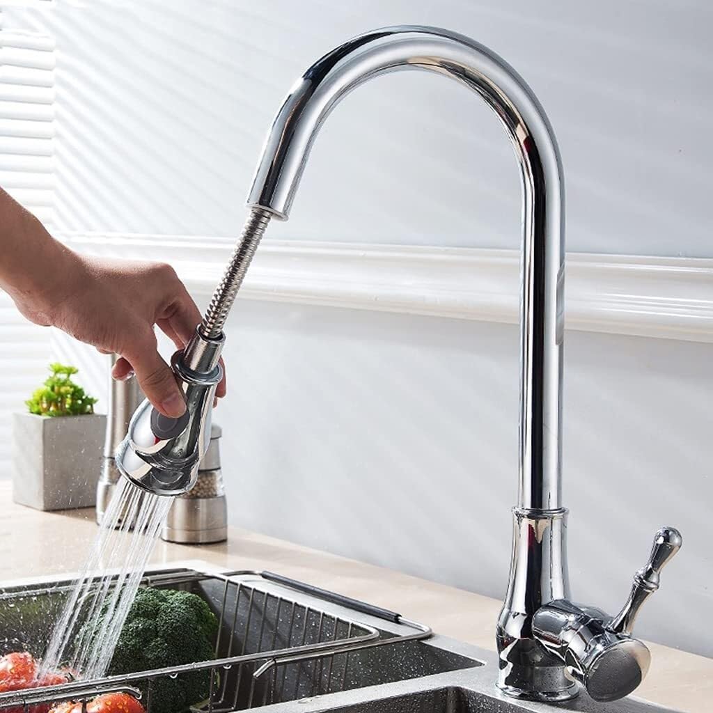Yjyjy Chrome Finished Rotating Chrome/Gold/Nickel Kitchen Faucet, Soft Flow Pull-Out Spray Single Handle Tap