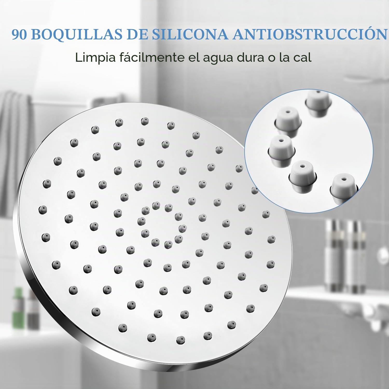 Alcachofa de ducha redonda de 20cm con efecto lluvia, ajustable, ahorro de agua con boquillas antical, cabezal de ducha de cascada de acero inoxidable, diámetro de 20 cm, Plata