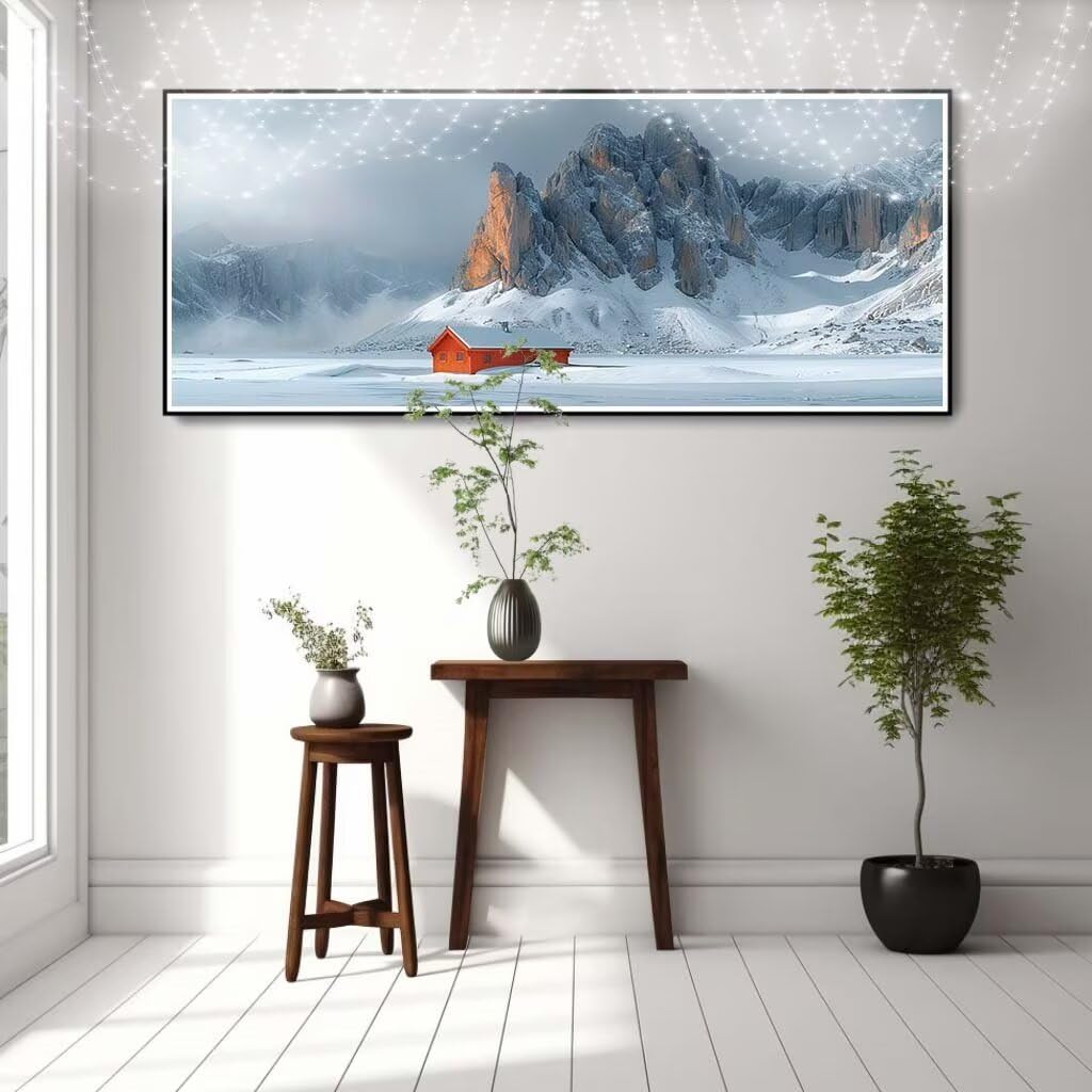 Obraz diamentowy 5D dla dorosłych, mały dom, góra śnieżna, obraz "zrób to sam", obraz do malowania diamentami dla dzieci (60 x 150 cm), zestaw do haftu diamentowego, do dekoracji ściany 8E-6024