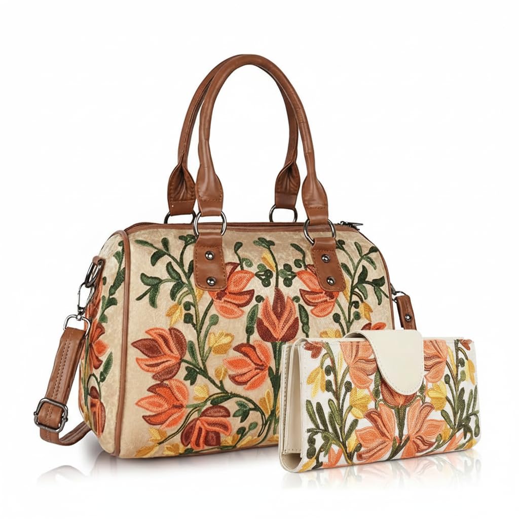 Ladies Floral Embroidered Handbag Set, Canvas Satchel with Brown Leather Trim, Coral and Yellow Flowers, Matching Wallet-image-20