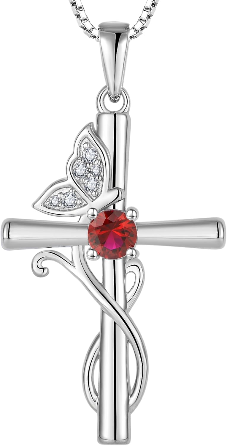 STARCHENIE Butterfly Cross Necklace 925 Sterling Silver Crucifix Pendant Birthstone Jewelry for Women
