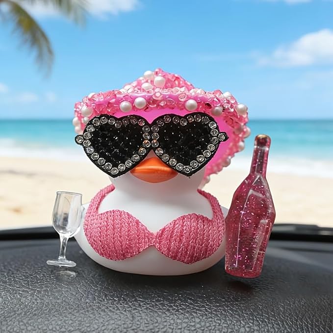 Cute White Duck Car Dashboard Ornament, Duck Figurine with Sparkling Pink Hat Sunglasses and Champagne Bottle Decor, Fun Interior Decoration for Car Motorcycle Bicycle Creative Holiday Party Gift